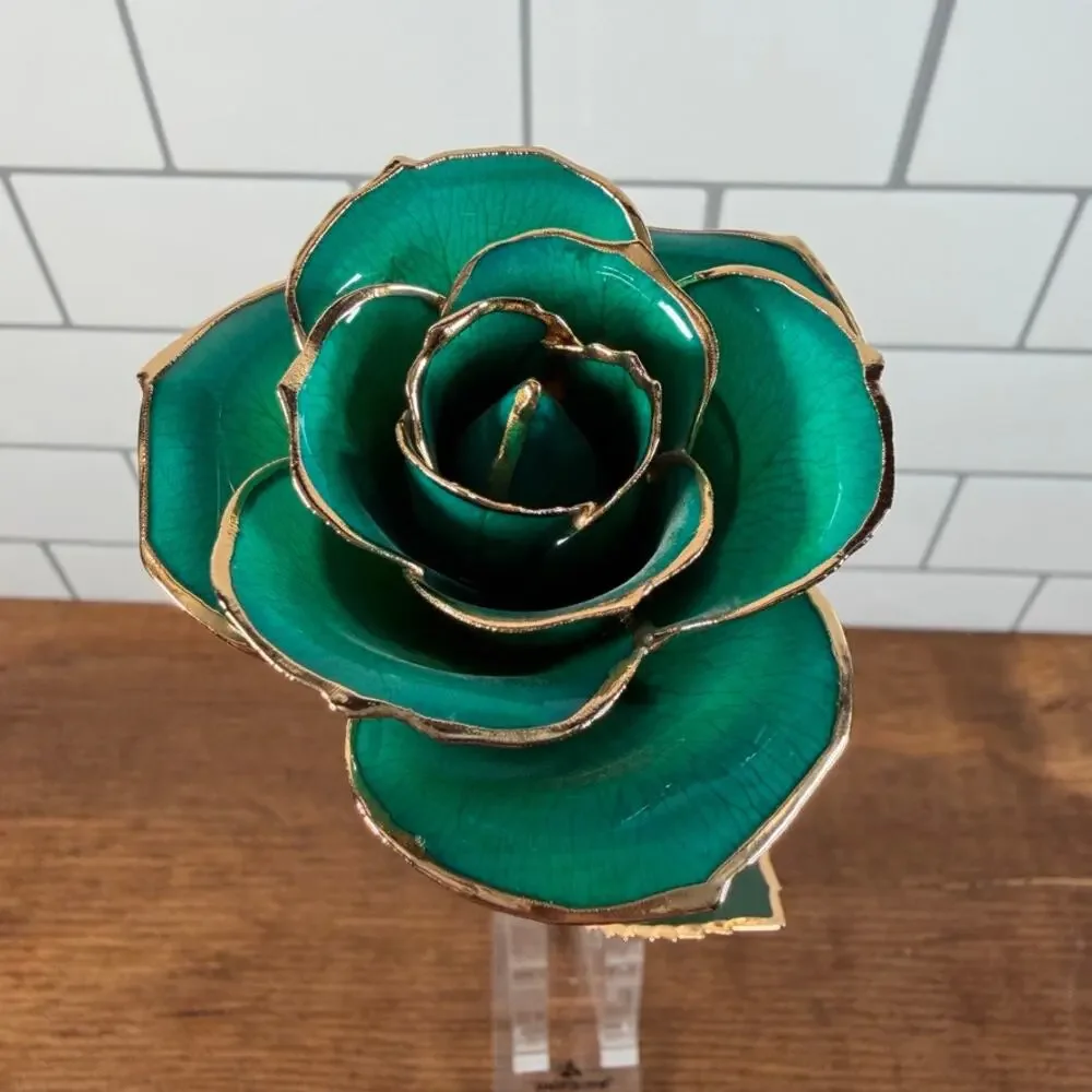 DeFaith 24k Gold Dipped Lacquered Green Rose with Acrylic Stand